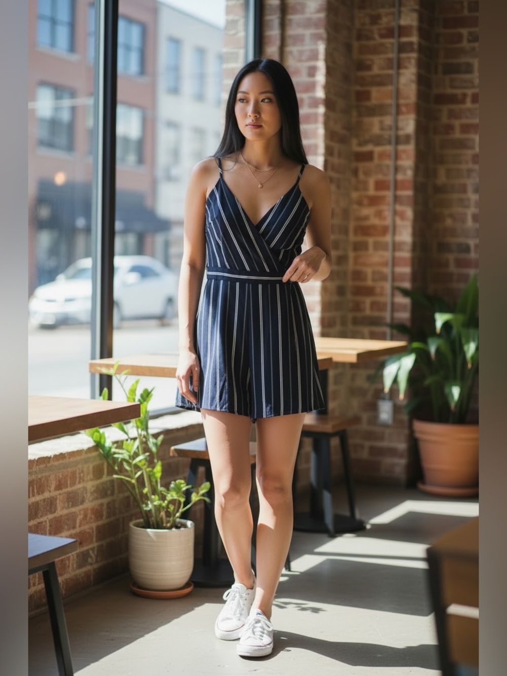 Navy Striped faux Wrap Romper Skort - Navy Blue